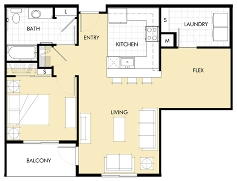 Floor plan for 1 bed, 1 bath